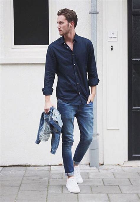 blue shirt with dark jeans.